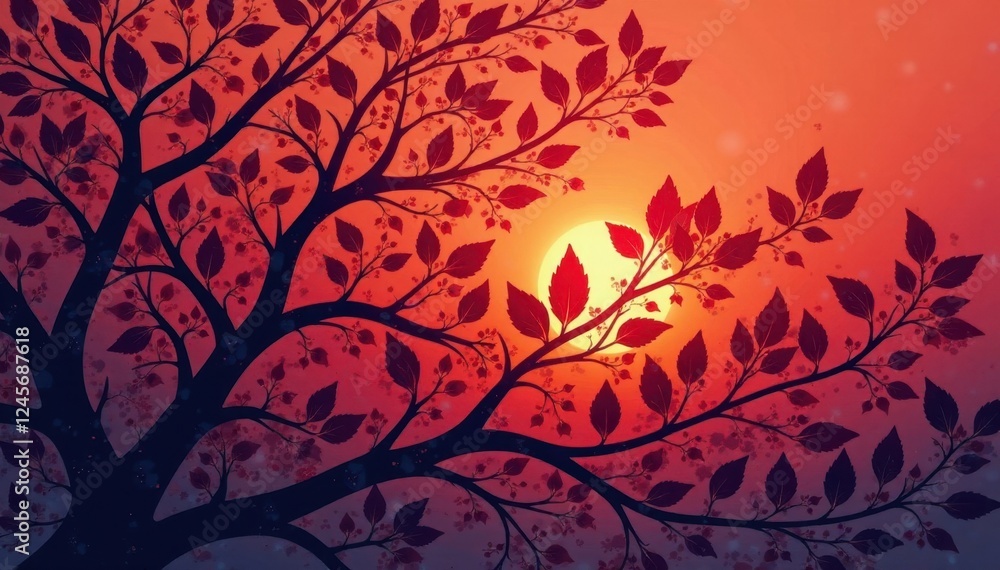 Intricate, swirling leaf silhouettes forming a complex pattern , red, retro Intricate, swirling leaf silhouettes forming a complex pattern , red, retro