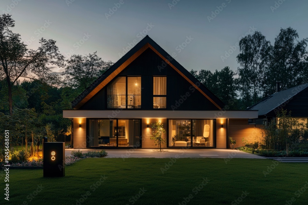 Modern A Frame House Illuminated At Night Modern A Frame House Illuminated At Night