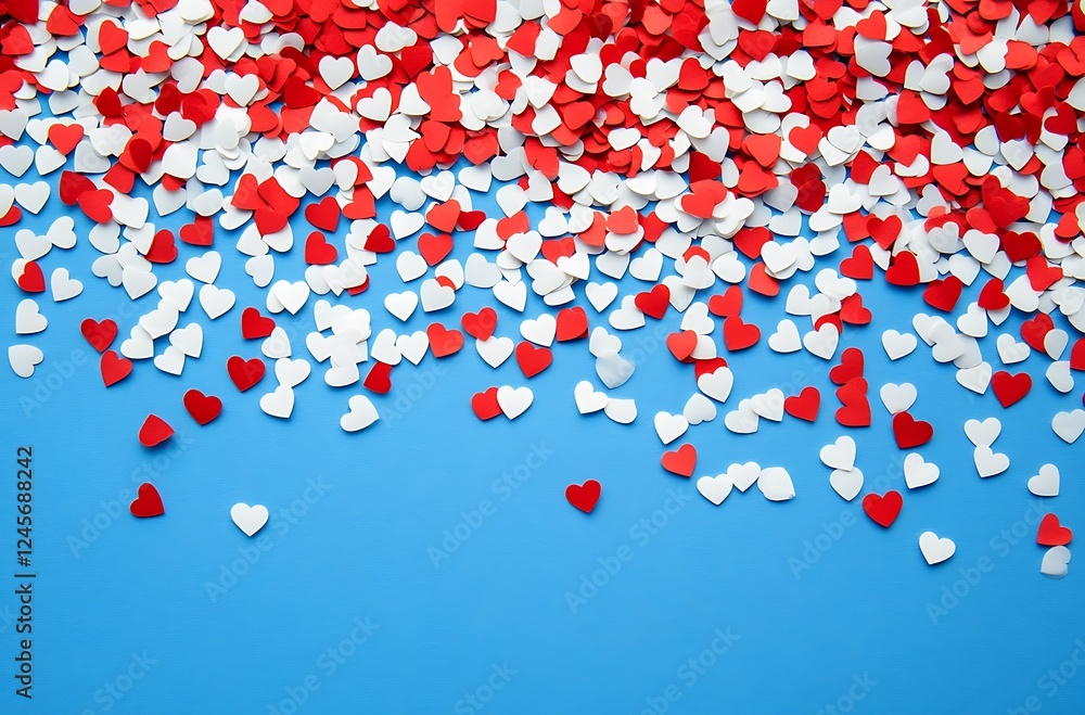 Celebratory Heart-Shaped Confetti Display Blue Background Party Decor Festive Atmosphere Top View Celebratory Heart-Shaped Confetti Display Blue Background Party Decor Festive Atmosphere Top View