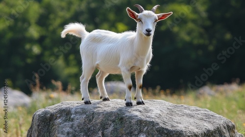 White Goat on a Rock in a Meadow photo