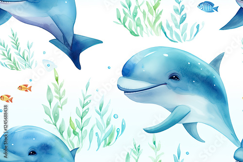 Playful Watercolor Dolphins Seamless Pattern for Kids Decor