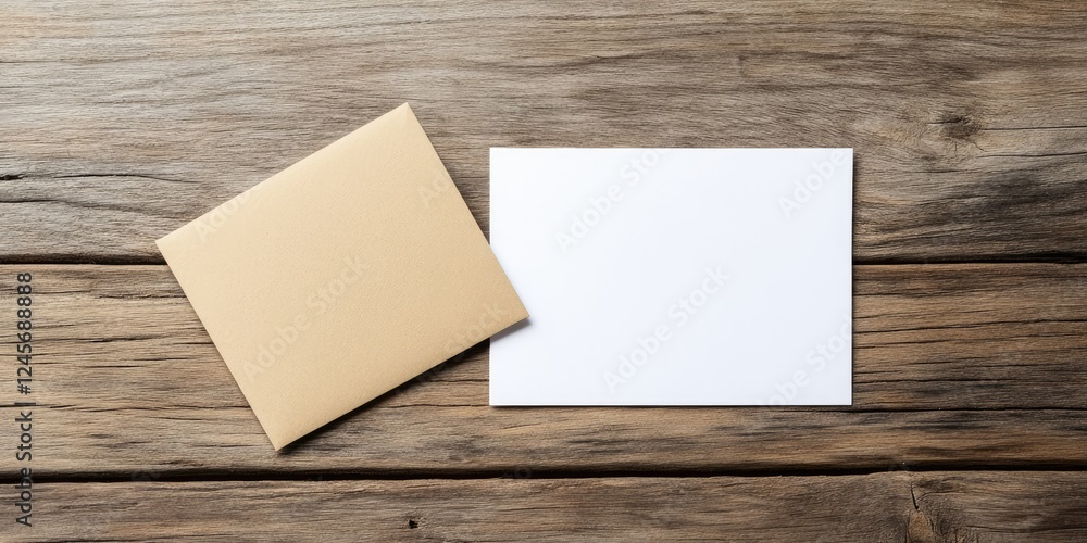 Blank card and envelope mockup positioned on rustic wooden surface with neutral white paper backdrop, featuring natural tones for elegant presentation. Blank card and envelope mockup positioned on rustic wooden surface with neutral white paper backdrop, featuring natural tones for elegant presentation.