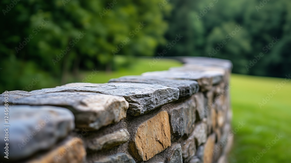 Fototapeta premium A rustic stone wall in a lush green landscape, blurred background.