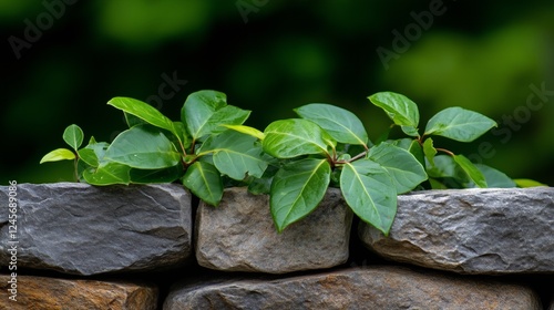 Fresh green leaves growing on stones with a verdant background. photo