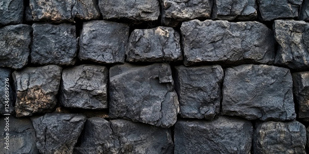 Textured black stone wall featuring rough and uneven surfaces, with large stone blocks arranged closely together, creating a dense structure. Textured black stone wall featuring rough and uneven surfaces, with large stone blocks arranged closely together, creating a dense structure.