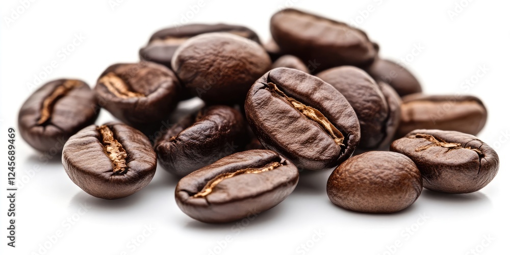 Handful of rich dark roasted coffee beans scattered on white background highlighting their glossy texture and varied shapes for coffee-themed designs Handful of rich dark roasted coffee beans scattered on white background highlighting their glossy texture and varied shapes for coffee-themed designs