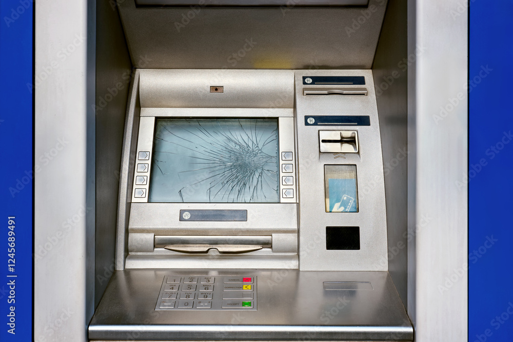 A broken ATM on a city street with a broken screen. A broken ATM on a city street with a broken screen.