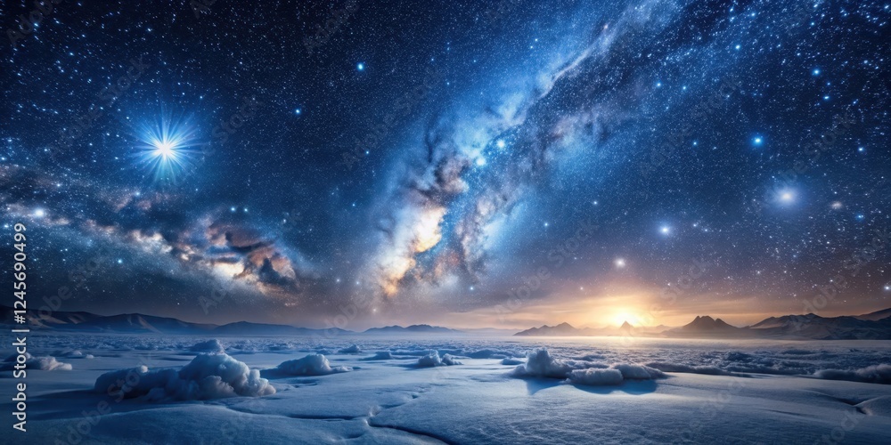 Fototapeta premium A Serene Winter Landscape Under a Starry Night Sky, Illuminated by a Radiant Celestial Display and a Golden Horizon