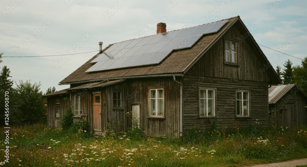 Obraz premium Rustic wooden house with solar panels surrounded by wildflowers on a cloudy day