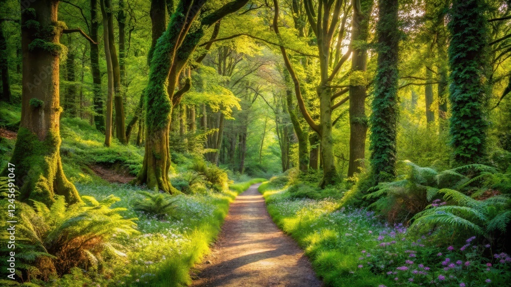 Fototapeta premium Sunlit Path Through a Verdant Forest, Lush Greenery and Blooming Wildflowers Along a Tranquil Woodland Trail
