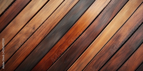 Diagonal arrangement of brown wooden planks in varying shades from light to dark creating an abstract background texture for design applications