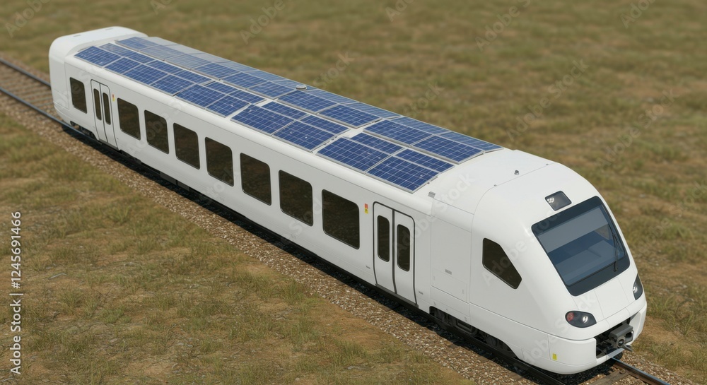 Naklejka premium Modern solar-powered train traveling on tracks through a grassy landscape under a clear sky