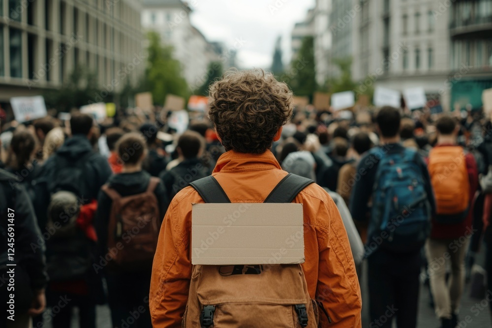 Fototapeta premium Person at a Protest with a Blank Sign on Their Backpack