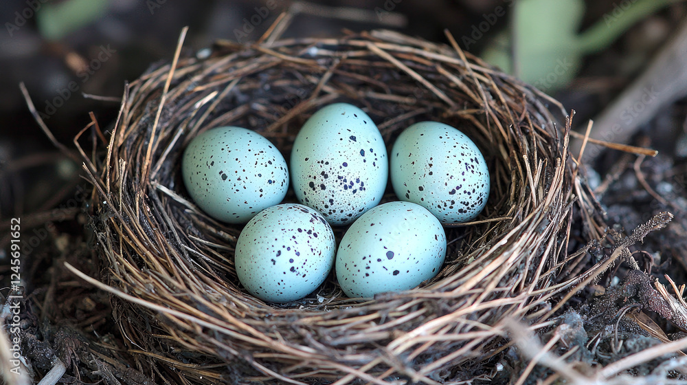 Speckled Bird Eggs in a Rustic Nest: A Close-Up View of Nature's Beauty Speckled Bird Eggs in a Rustic Nest: A Close-Up View of Nature's Beauty