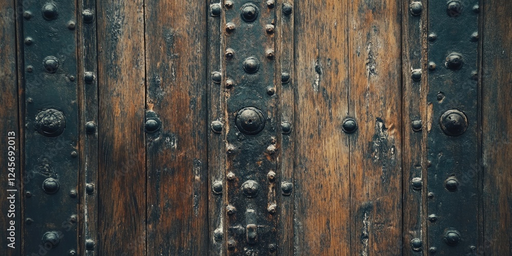 Fototapeta premium Rustic wooden door texture featuring weathered dark brown planks and aged metal studs positioned asymmetrically, ideal for vintage themes.