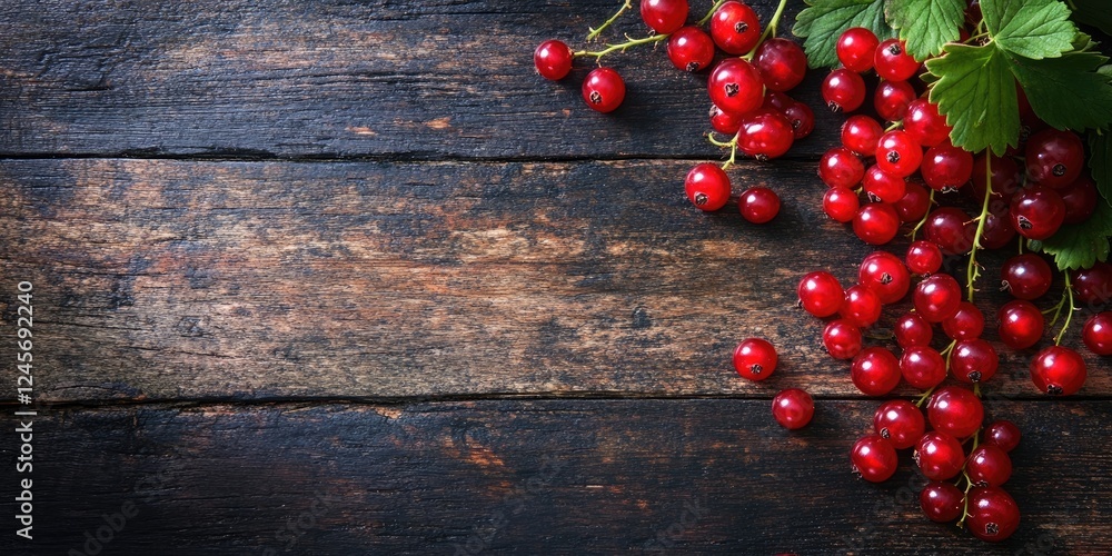 Fresh red currants cascading over a rustic wooden surface in deep brown tones creating a vibrant contrast with the fruit's rich red hue. Fresh red currants cascading over a rustic wooden surface in deep brown tones creating a vibrant contrast with the fruit's rich red hue.