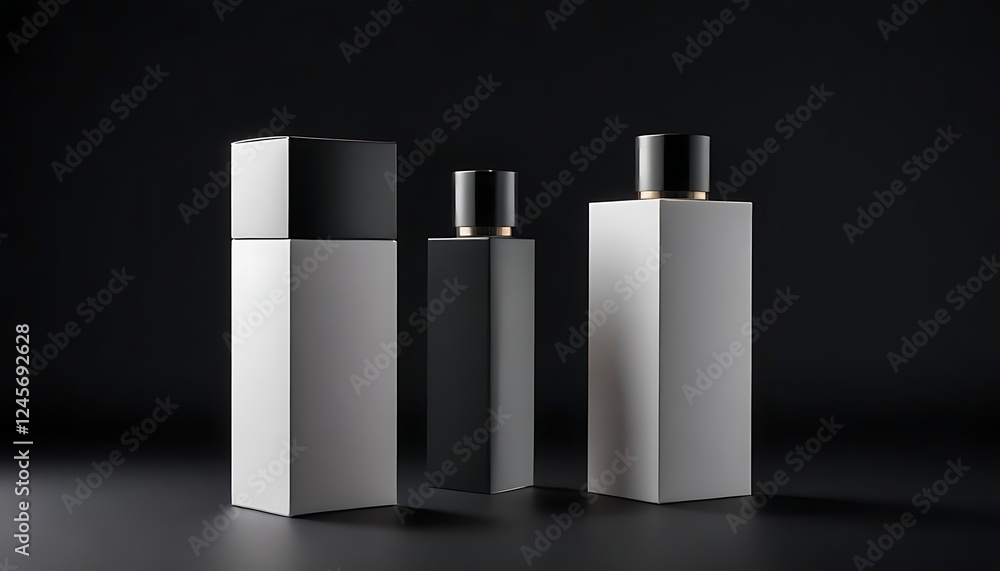 Three elegant perfume bottles, two white and one black, on a dark background. Three elegant perfume bottles, two white and one black, on a dark background.