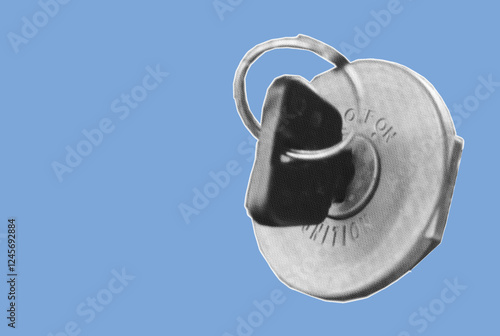 close up of key in ignition start lock pixelate grayscale color halftone dotted texture style collage element isolated on blue background