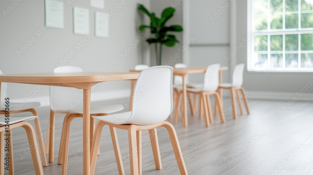 Modern bright classroom, tables, chairs, window, plants Modern bright classroom, tables, chairs, window, plants