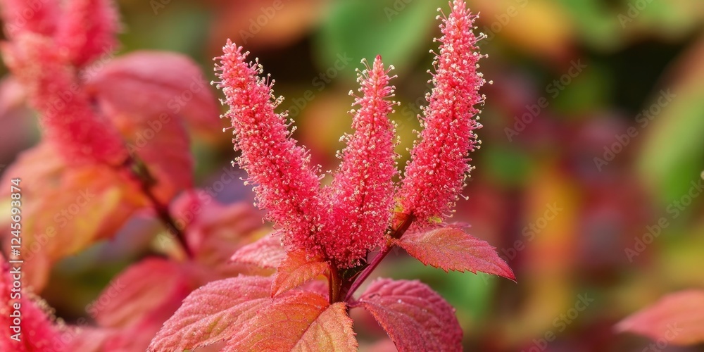 Vibrant pink fluffy flower spikes against a blurred green and orange foliage background showcasing the beauty of autumn blooms and foliage. Vibrant pink fluffy flower spikes against a blurred green and orange foliage background showcasing the beauty of autumn blooms and foliage.