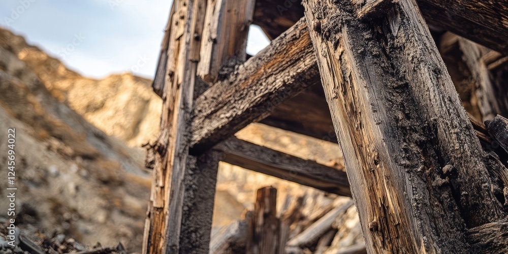 Weathered wooden structure in a rocky landscape with warm tones and rough textures, exhibiting deteriorating wood and natural light elements. Weathered wooden structure in a rocky landscape with warm tones and rough textures, exhibiting deteriorating wood and natural light elements.