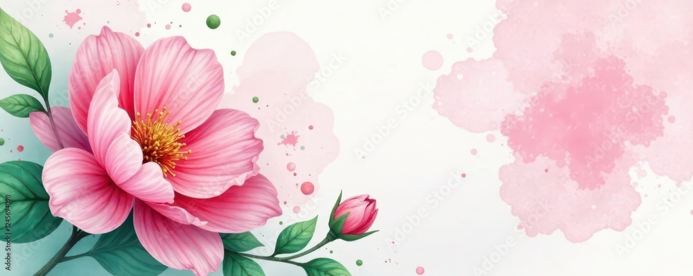 Fototapeta premium Abstract pink & green watercolor floral splatter, soft blooms , spring, print