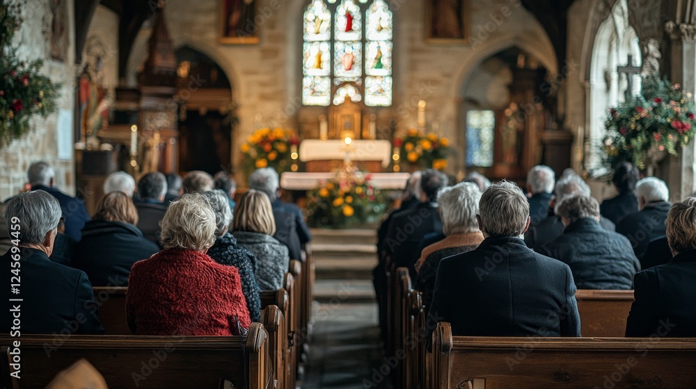 Attendees sit quietly in a beautiful old church, surrounded by vibrant flowers, as they gather for a significant ceremony. Candles flicker softly in the serene atmosphere Attendees sit quietly in a beautiful old church, surrounded by vibrant flowers, as they gather for a significant ceremony. Candles flicker softly in the serene atmosphere