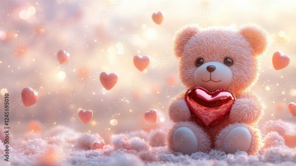 Fototapeta premium Cute Teddy Bear Holding a Heart on Valentine’s Day With Pink Hearts. Generative AI