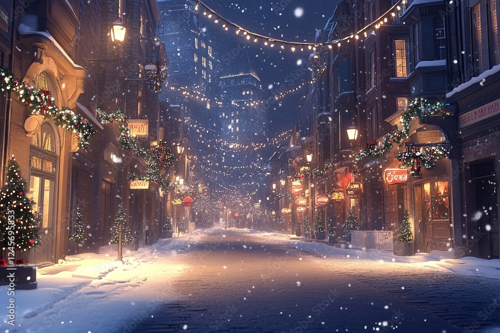 Fototapeta premium Magical Christmas Street Scene: Falling Snow, Festive Decorations, Charming Winter Wonderland Atmosphere. Perfect for Holiday Cards, Websites, and Festive Designs. A picturesque street beautifully 