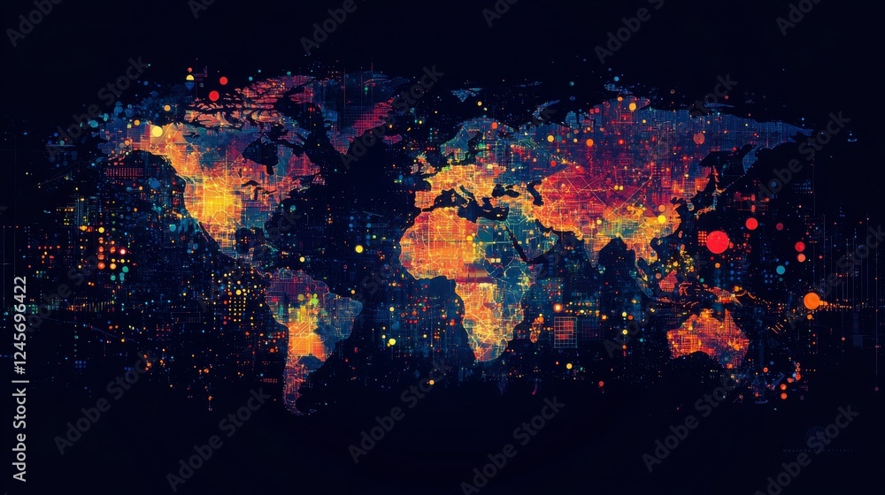 Obraz premium Colorful Abstract World Map with Digital Data Visualization Elements