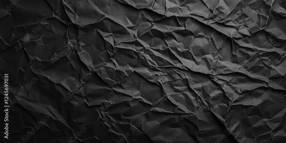 Crumpled damp black paper texture with varied folds and shadows creates a horizontal background featuring ample copy space for design purposes. Crumpled damp black paper texture with varied folds and shadows creates a horizontal background featuring ample copy space for design purposes.