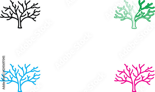 Minimalist tree silhouettes, colorful abstract branches, digital illustration, clean white background, geometric nature art, simplified tree shapes, blue green pink black colors, sparse design, styliz