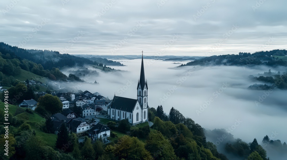 Misty morning landscape of rolling hills with church aerial view countryside tranquil atmosphere Misty morning landscape of rolling hills with church aerial view countryside tranquil atmosphere
