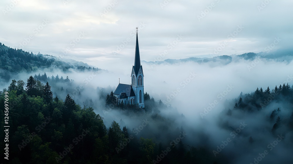 Fototapeta premium Mysterious fog-covered hills with a church spire serene landscape aerial view enigmatic atmosphere