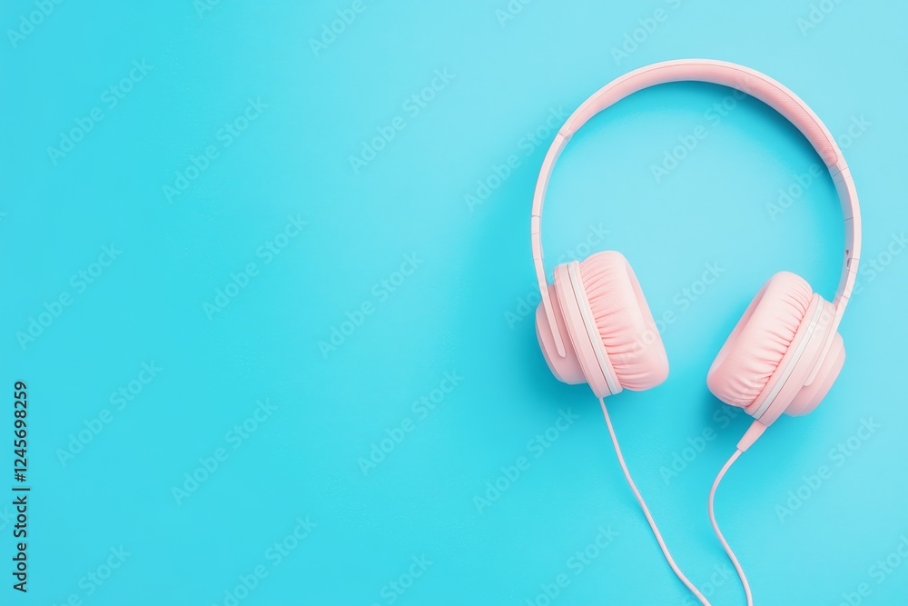 Pink headphones on blue background, minimalist design, music listening Pink headphones on blue background, minimalist design, music listening