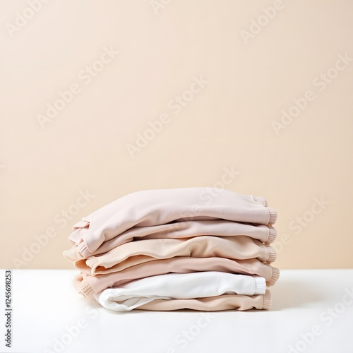 Minimalist stack of neutral toned sweatshirts on white surface against beige background