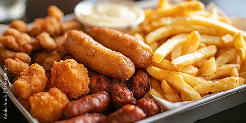 Delicious mixed platter featuring crispy fried sausages golden french fries and tender chicken nuggets arranged on a serving tray