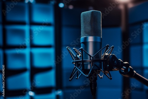 Studio microphone recording, blue soundproof room photo