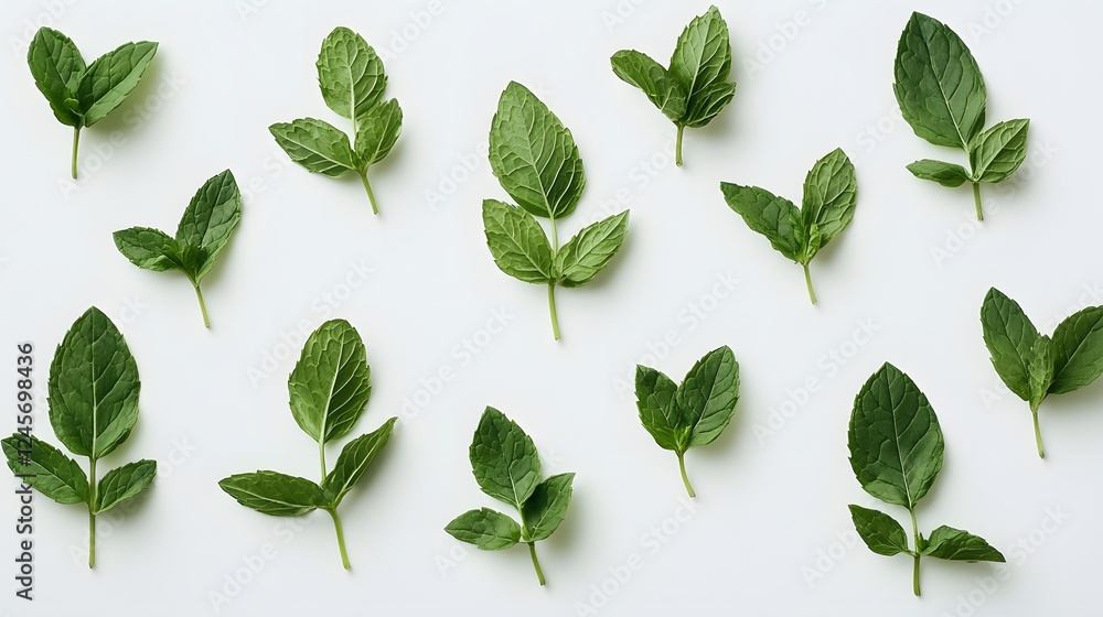 52. A bunch of fresh mint leaves arranged neatly on a white background 52. A bunch of fresh mint leaves arranged neatly on a white background
