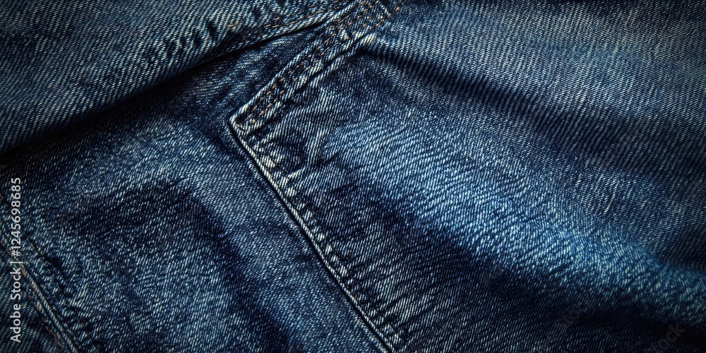 Naklejka premium Close-up of textured dark blue denim fabric with subtle variations and faded areas, capturing intricate details and shadows in the weave.