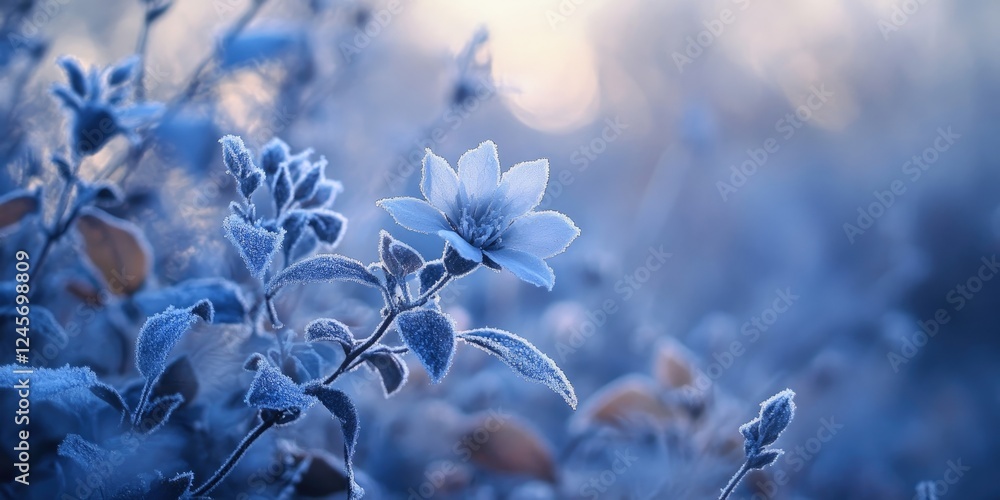 Delicate frost-covered flowers in shades of blue with soft background bokeh, highlighting nature's beauty in a serene winter setting. Delicate frost-covered flowers in shades of blue with soft background bokeh, highlighting nature's beauty in a serene winter setting.