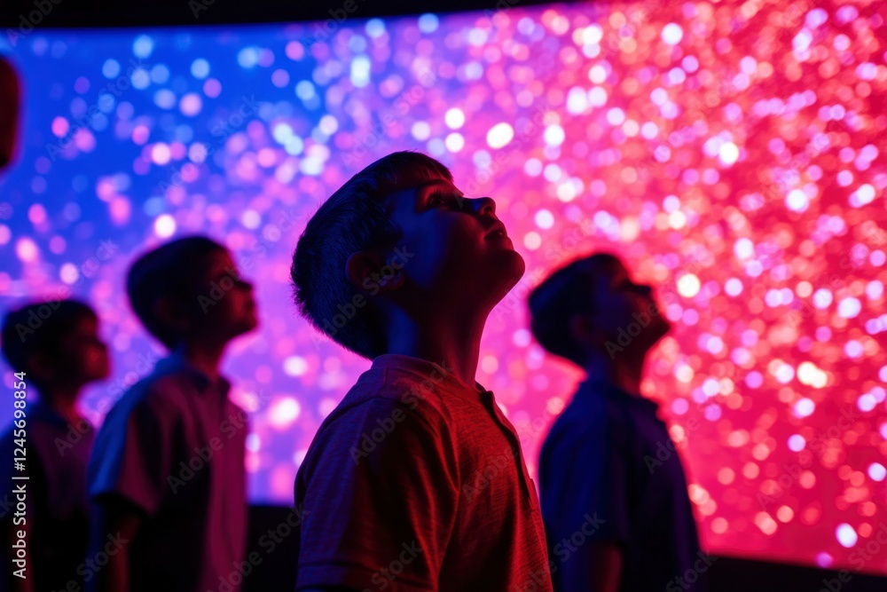 Children Gaze Upward At A Colorful Light Display Children Gaze Upward At A Colorful Light Display