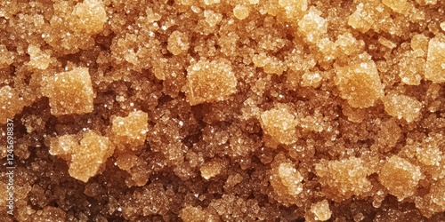Close-up of golden brown sugar granules in varying sizes on a flat surface with sparkling crystals reflecting light in warm tones.