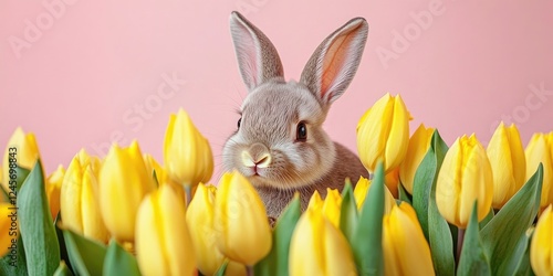 Charming light grey rabbit peeking through lush vibrant yellow tulips against a soft pink background embodying spring and Easter themes photo