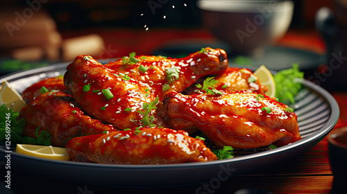 Close-up of Glazed Chicken Wings on a Plate with Lemon and Greens