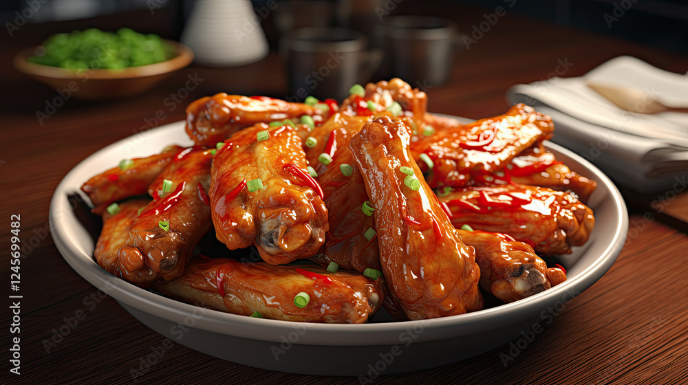 Close-up of a Plate of Glazed Chicken Wings on a Wooden Table Close-up of a Plate of Glazed Chicken Wings on a Wooden Table