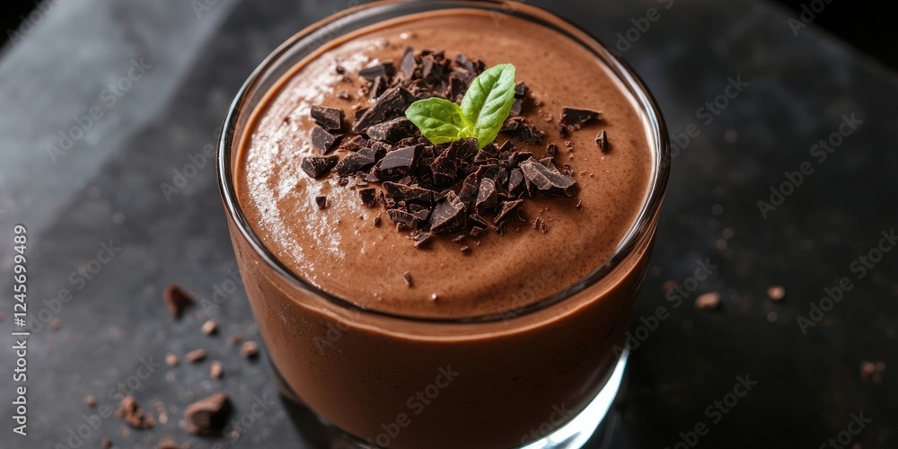 Creamy chocolate mousse topped with cacao nibs and a fresh mint leaf in a clear glass, set against a dark stone background. Creamy chocolate mousse topped with cacao nibs and a fresh mint leaf in a clear glass, set against a dark stone background.