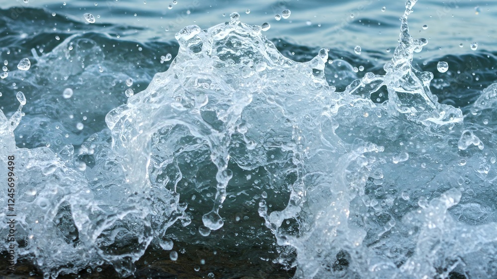 Fototapeta premium Close-up of ocean waves splashing, with droplets of water caught in motion against a backdrop of deep blue water.