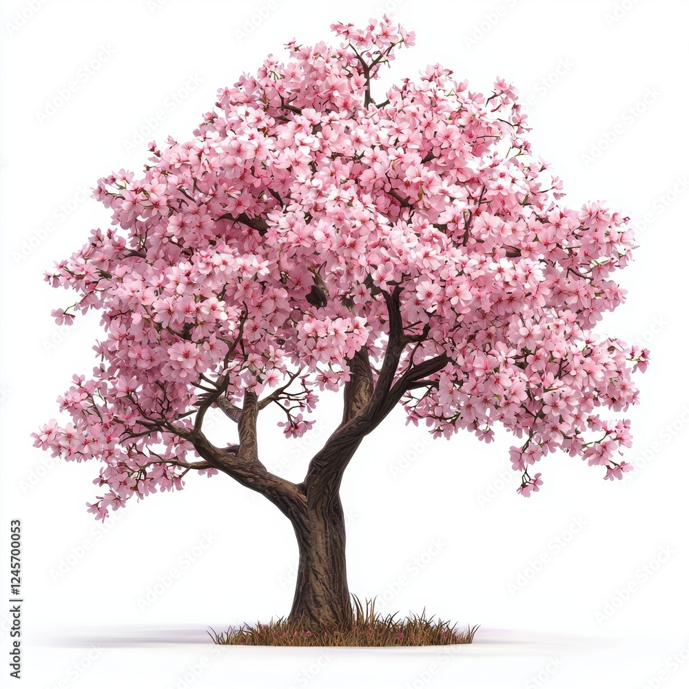 Obraz premium blooming cherry blossom tree with pink flowers, isolated on white