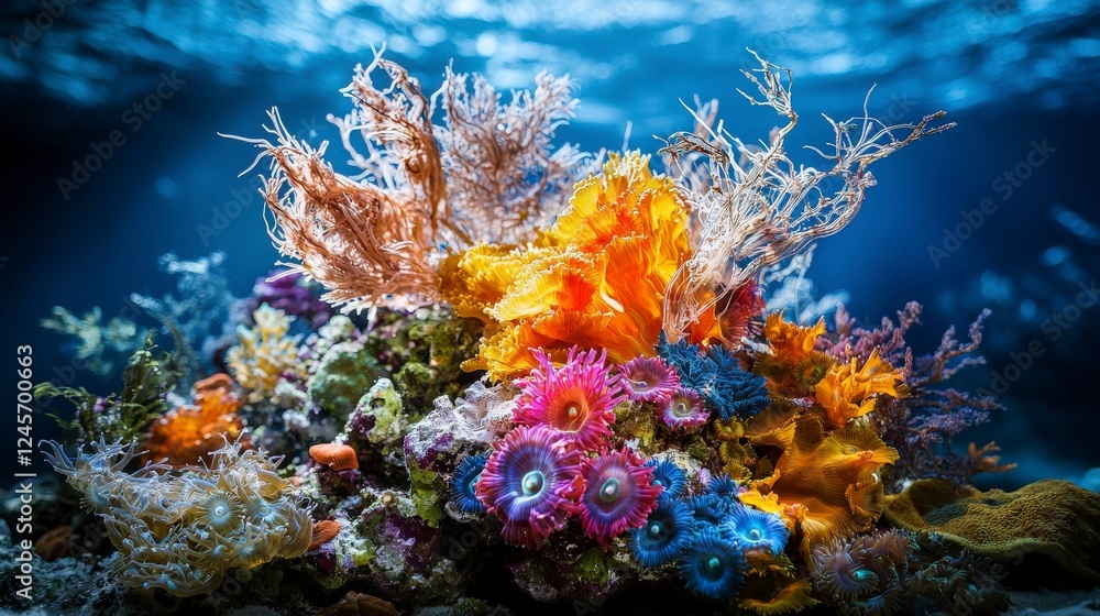 Fototapeta premium Vibrant marine life flourishing among colorful coral in a stunning oceanic habitat underwater photography natural environment